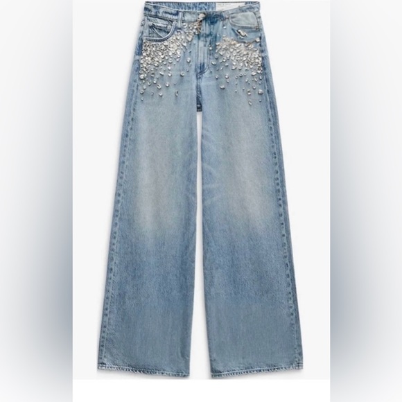 rag & bone Light Blue Embellished Wide Leg Jeans - Picture 2 of 6